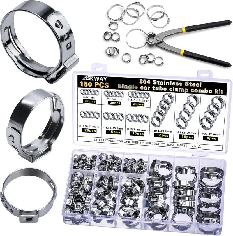 AskWay Store Single Ear Hose Clamp 6-28Mm 150 Pcs 10 Sizes, 304 Stainless Steel Stepless Hose Clamp, Suitable For Pex Pipe Connection, Automotive, Pipeline, Garden And Industrial Use - Image 1